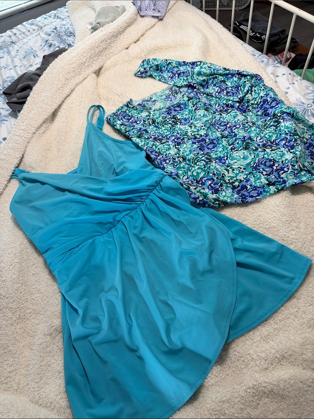 Lands' End Teal Swim Dress with Blue-Teal Floral Cover-Up